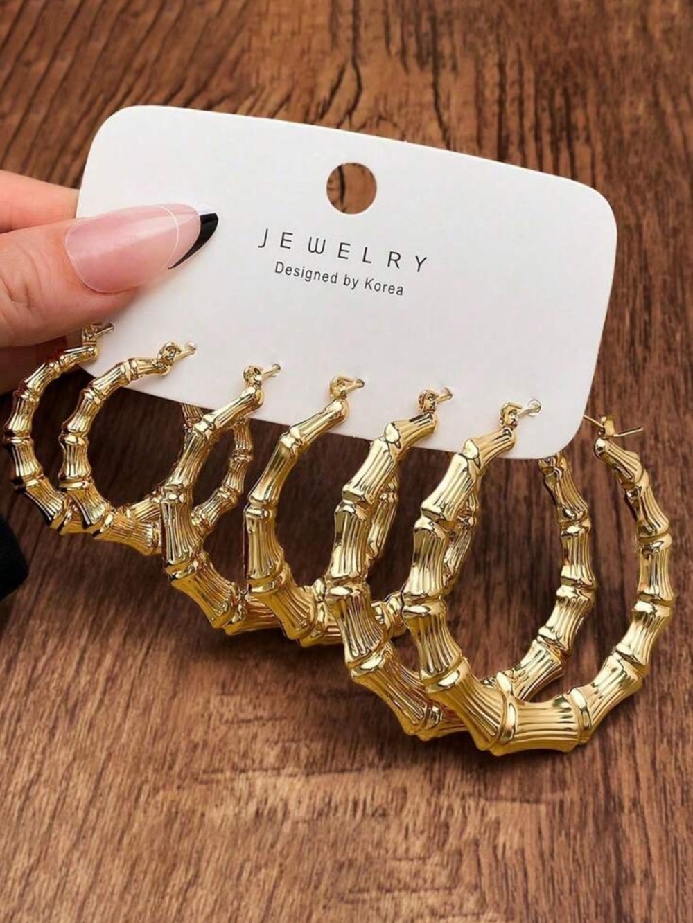 Gold Bamboo-Style Hoop Earrings Set - Designed by Korea